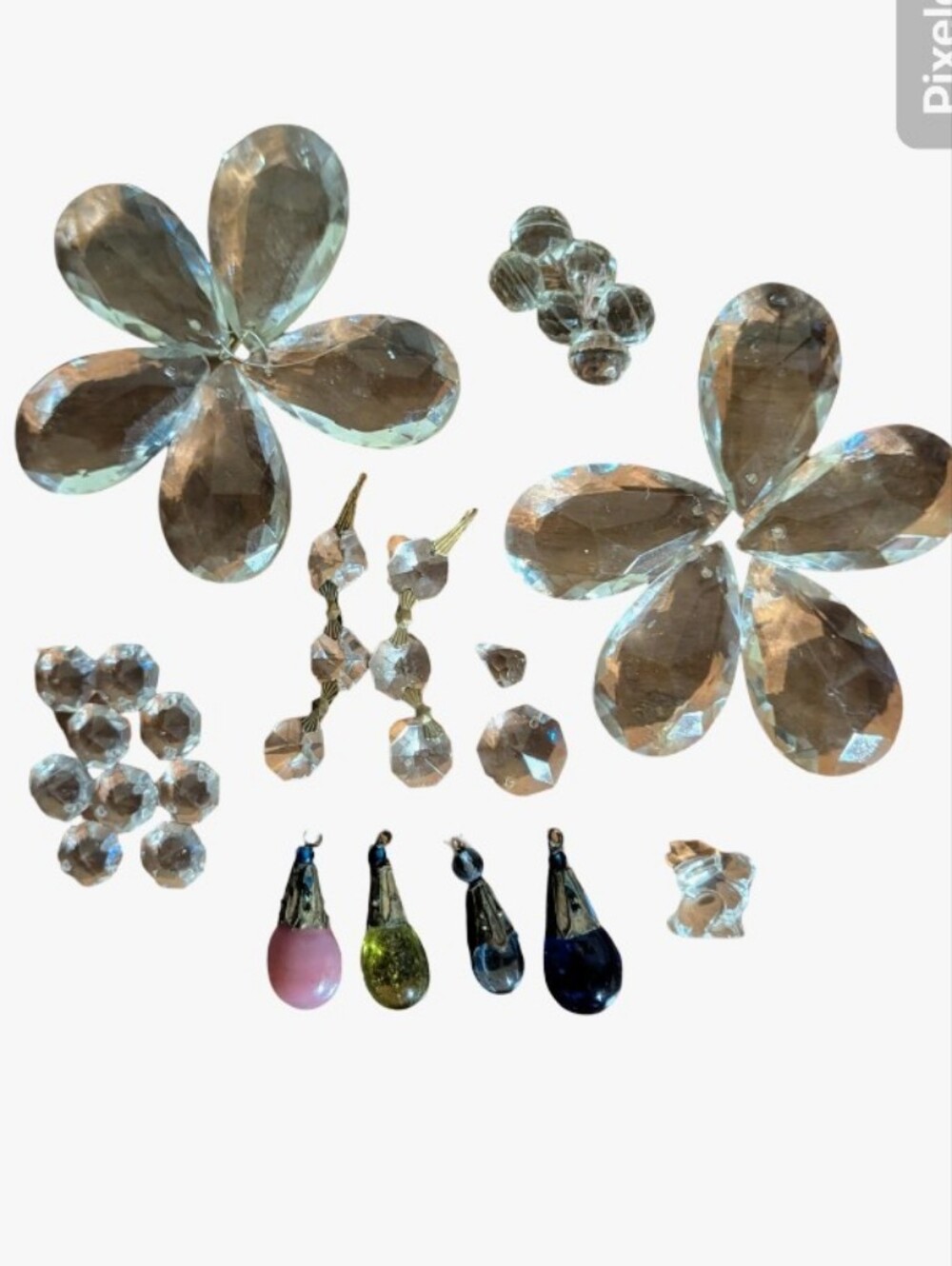 Antique Cut Glass Chandelier Crystals Circa 1930's 38pcs + Indian Colored Glass